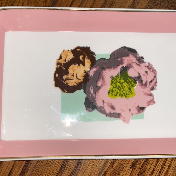 J Crew Ceramic Pink Flower Jewelry Tray Trinket Dish Pink Border Gold Tray - Picture 7 of 7